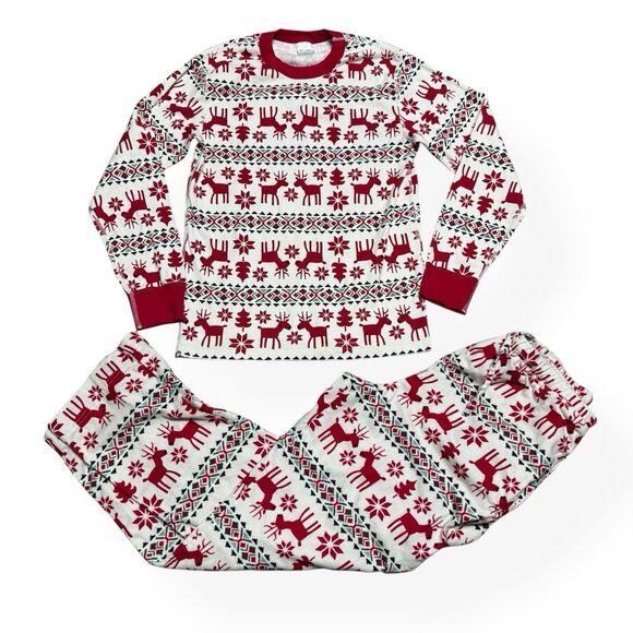 Hanna Andersson Womens Pajama Set M Fair Isle Flannel Knit Deer Christmas Pants - Picture 1 of 12